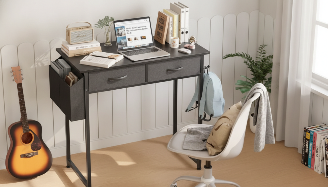 32-Inch Modern Desk with Fabric Drawers for Small Spaces